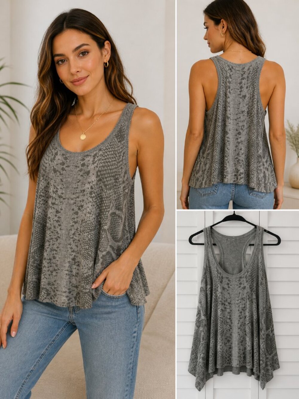 BoBô Snake Print Racerback Tank Top Gray Flowy Small